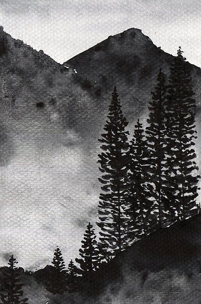 Black Water Colour Painting, Black Ink Painting Ideas, Black Watercolour Painting, Black And White Nature Painting, Black And White Scenery Painting, Monochrome Art Painting Black White, Black And White Watercolor Painting Landscape, Black And White Landscape Drawing, Monochrome Art Painting