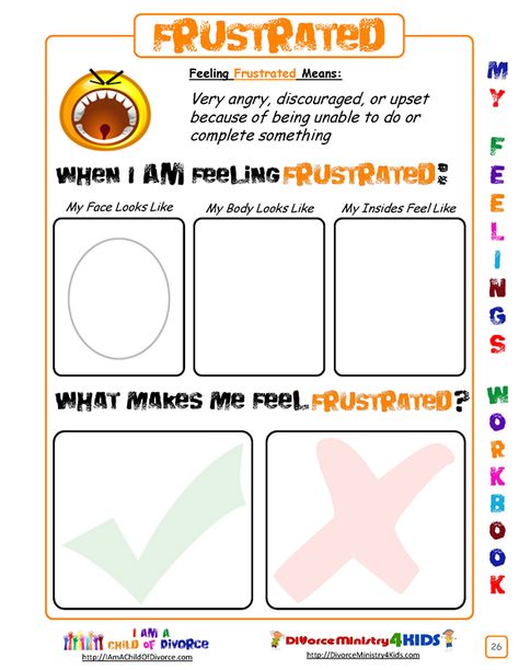 Worksheets on feelings:  what face & body look like, what inside feels like, and what makes me feel that way Frustration Tolerance, Child Of Divorce, Understanding Emotions, Feeling Scared, School Social Work, Counseling Activities, Divorce And Kids, Counseling Resources, Feeling Frustrated