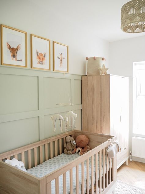 Neutral Nursery Cribs & Toddler Beds, Sage Green Beadboard Nursery, Gender Neutral Nursery Colours, Sage Green Nursery With White Crib, Picture Rail Nursery, North Facing Nursery, October Mist Nursery, Panelled Wall Nursery, Mint Nursery Ideas