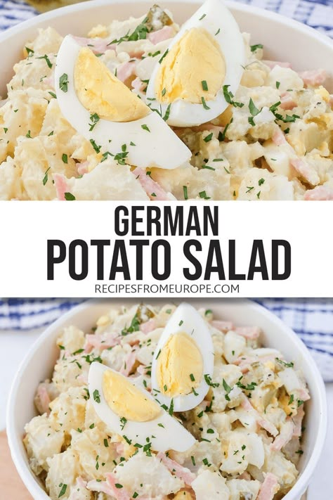 Looking for the best potato salad recipe? This creamy German potato salad is packed with potato and egg, as well as meat, pickles, and mayo! #germanrecipes #potatosalad German Potato Salad With Egg, Creamy German Potato Salad, German Recipes Dinner, Baby Potato Salad, Authentic German Potato Salad, German Meat, The Best Potato Salad, Easy German Recipes, Best Potato Salad