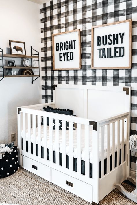 Buffalo Plaid Nursery | This by far is my favorite boy nursery theme (or girl!) trend! You can do a black and white buffalo plaid nursery or a red and black buffalo plaid nursery. I'm obsessed with this particular buffalo plaid nursery, especially the wallpaper and nursery wall decor! #buffaloplaidnursery Boy Nursery Themes, Childrens Wall Decor, Farmhouse Nursery, Fun Nursery, White Nursery, Nursery Baby Room, Boho Farmhouse, Gender Neutral Nursery, Baby's Room