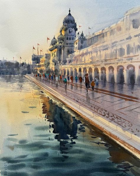 Landscape With Human Figure Painting, Punjab Drawing, Competition Painting, Punjab Art, Nankana Sahib, Watercolor Temple, Watercolor Composition, Paintings Nature, Cityscape Paintings