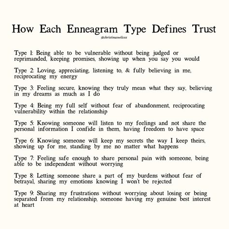 How each enneagram type may define trust 👀🫖 The topic of trust came up A LOT during my book events in Nashville. Curious about your enneagram type and how you define trust within your relationships/friendships? Self Preservation 8 Enneagram, Enneagram Type 4 W 3, Enneagram Type 3 Aesthetic, Enneagram 4 Relationships, Enneagram 1 Relationships, Enneagram 5 Aesthetic, Enneagram Type 8 Female, Emerson Core, Enneagram 3w2