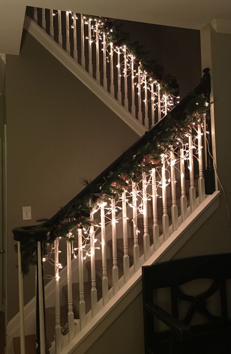 Icicle lights are perfect for stair railings! Indoor Icicle Lights, Icicle Lights On House, Stair Case Christmas Decorations, Icicle Lights Indoor, Christmas Railing Decor Indoor, Christmas Staircase Decor Railings, Wedding Stairs, Christmas Staircase Decor, Icicle Christmas Lights