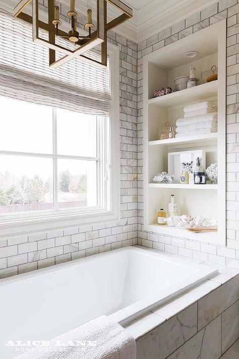 Bathtub nook completed with a built-in shelf surrounding Calcutta gold marble tiles. Built In Bathtub, Master Bath Remodel, Bad Design, Bathroom Renos, Remodel Bedroom, House Bathroom, Bathroom Remodel Master, Bath Remodel, Small Bathroom Remodel