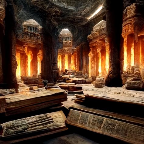 library of Alexandria underground scrolls books desks torches ancient 4K arabesque detailed dark old architecture large hall academia ruins untouched overgrown Petra stone wood Great Library Of Alexandria, Ancient Library Of Alexandria, Library Of Alexandria Aesthetic, Underground Library, Stone Altar, Ancient Underground City, Ancient Atlantis, Ancient Alexandria, Burning City