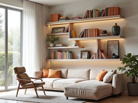 Floating Fantasies: Styling Ideas For Wall-Mounted Bookshelves - Bare Heart Buddy Full Wall Floating Shelves Library, Wall Hung Bookshelves, Bookcase Above Sofa, Bookshelf Wall Behind Couch, Bookshelves Over Couch, Floating Book Shelves Living Room, Suspended Bookshelves, Bookshelf Behind Sofa, Office Wall Shelf Ideas