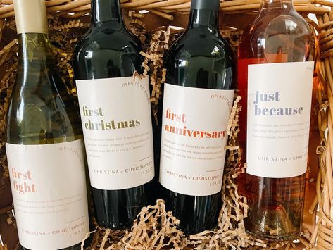 DIY Wedding Gift: A Year of Firsts Wedding Gift Basket - Women of Today Year Of Firsts Wine Basket, Newlywed Gift Basket, Wine Wedding Gift, Wedding Milestone Wine Labels, Wedding Gift Wine Labels, Milestone Wine, Wedding Gifts For Newlyweds, Colorful Wedding Bouquet, Bridal Shower Wine