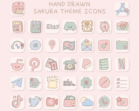 Wallpapers Cherry Blossom, Icon Pack Android, App Icon Set, Codes Pinterest, Cute Sakura, Aesthetic App Icon Pack, Camping Vintage, Kawaii App, Surf Vintage