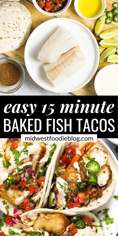 You can have these hearty Baked Fish Tacos on the table in less than 20 minutes with just a few simple ingredients! Skip the heavy, greasy, fried fish tacos for the fresh flavors of this baked fish taco recipe. Garlic Butter Cod, Lime Cream Sauce, Simple Fish Recipes, Butter Cod, Cod Fish Tacos, Baked Fish Tacos, Fried Fish Tacos, Fish Taco Recipe, Simple Supper