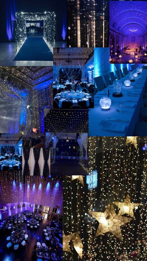 Prom Themes Starry Night, Paris Prom Theme, Blue Quinceanera Theme, Starry Night Prom, Celestial Wedding Theme, Sweet 16 Party Themes, Arabian Nights Theme, Prom Planning, Blue Wedding Decorations