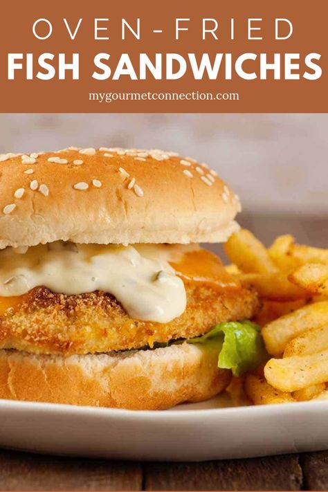 Healthier than fast food and practically as easy, these crispy oven-fried fish fillet sandwiches makes a great weeknight dinner. #fishsandwich #weeknightdinner #recipe #mygourmetconnection Cooked Sandwiches, Fish Fillet Sandwich, Fish Sandwich Recipes, Oven Fried Fish, Honey Food, Oven Baked Fish, Fish Sandwiches, Grilled Sandwiches, Crispy Fish