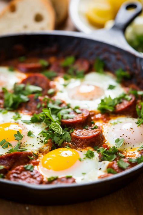 "Authentic Spanish Chorizo Shakshuka with Piquillo Peppers: Healthy Mediterranean Epicureanism Unleashed" #mediterraneandiet Healthy Spanish Food, Authentic Mediterranean Food, Mediteranian Breakfast, Chorizo Shakshuka, Spanish Breakfast Recipes, Spanish Meals, Spanish Breakfast, Spanish Chorizo, Mediterranean Breakfast