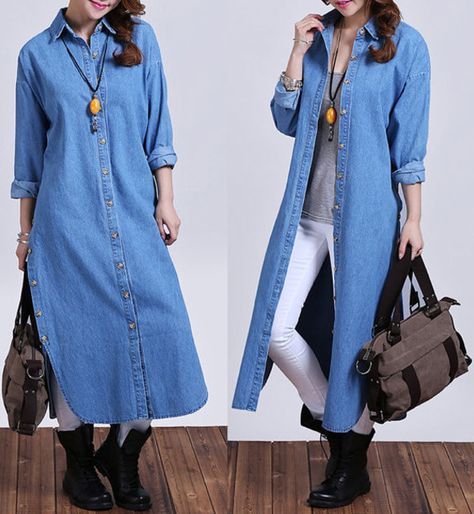 Blue Denim Jacket Outfit, Long Denim Shirt Dress, Long Shirt Outfits, Long Denim Shirt, Light Blue Coat, Long Denim Coat, Look Jean, Denim Jacket Outfit, Blue Coat