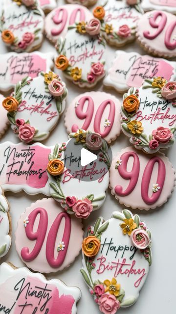 90th Birthday Cookies Decorated, 90th Birthday Cookies, Floral Video, Company Anniversary, Cookie Videos, Decorating Videos, Fabulous Birthday, 100th Birthday, 90th Birthday