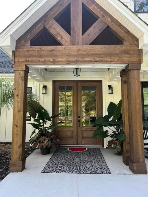 Front Porch With Corbels, Cedar Porch Posts Front Entry, Front Door Off Center Porch, Craftsman Style Double Front Door, Front Porch Open Gable, Cypress Beams Front Porch, Wooden Beams Exterior House, Exterior Beams On House, Wooden Beams Front Porch