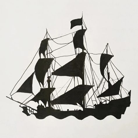 Blackbeard Pirate Tattoo, Pirates Of The Caribbean Illustration, Pirates Of The Caribbean Ship Drawing, The Black Pearl Tattoo, Pirates Of The Caribbean Sketches, Black Pearl Drawing, Up Is Down Pirates Caribbean, Black Pearl Ship Tattoo, Small Pirates Of The Caribbean Tattoo