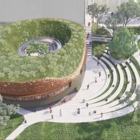 Garden tops roof in regional library design in Victoria Amphiteather Design, Open Amphitheatre Design, Outdoor Amphitheater Architecture, Amphiteather Outdoor Design, Amphiteather Architecture, Amphiteather Outdoor, Amphitheatre Architecture, Outdoor Ampitheater, Seoul Bridge