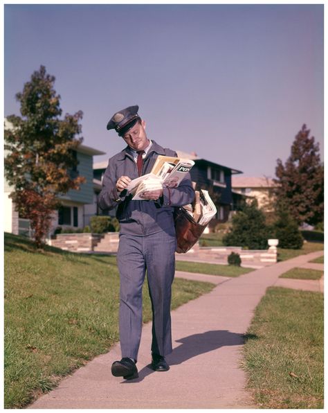 Postman Delivering Mail Suburban Neighborhood Sorting Letters Walking On Sidewalk 1964 Photo H. Armstrong Roberts Suburban Neighborhood, Radium Girls, Going Postal, Postal Worker, Light Film, Terry Pratchett, Men Vintage, Vintage Colors, Walk On