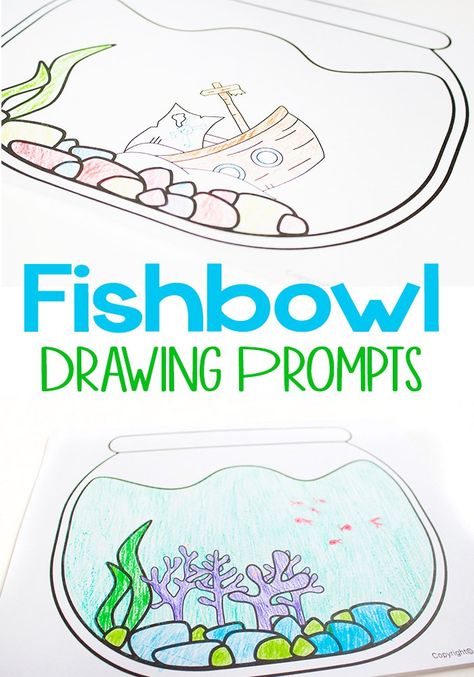 Free Printable Fishbowl Drawing Prompts:  Print these just for fun or as an activity after reading One Fish Two Fish Red Fish Blue Fish by Dr. Seuss or Fish out of Water by Helen Palmer! Rainbow Fish Coloring Sheet, Fishbowl Drawing, Drawing Art Projects, Travel Journal Prompts, Grandma Camp, Kindergarten Drawing, Free Educational Printables, Red Fish Blue Fish, Ocean Activities