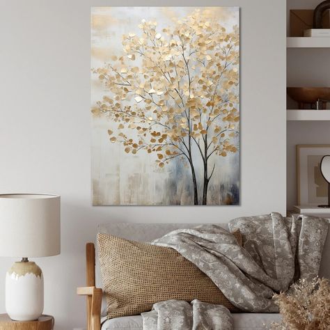 Designart "Minimalism Gold And Blue Trees Scene" Tree Canvas Wall Art - Bed Bath & Beyond - 40006924 Foyer Art, Blue Trees, Gold Art Painting, Eating Area, Pink Flowers Wallpaper, Minimal Painting, Blue Tree, Gold And Blue, Tree Canvas