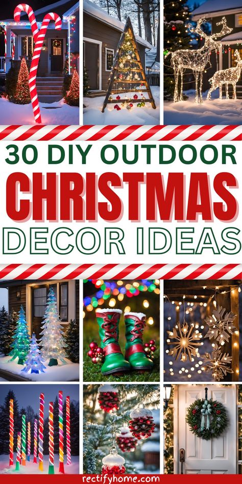 Outdoor DIY Christmas decorations featuring giant ornaments, wooden wreaths, and garlands hanging on the porch. Diy Christmas Large Decorations, Diy Christmas Light Balls Outside, Christmas Diy Lights Decor, A Christmas Story Outdoor Decorations, Hula Hoop Christmas Tree, Homemade Christmas Decorations For Outside Easy Diy, Fun Christmas Outdoor Decorations, Gingerbread House Outdoor Decorations Christmas Yard, Christmas Outdoor Cutouts