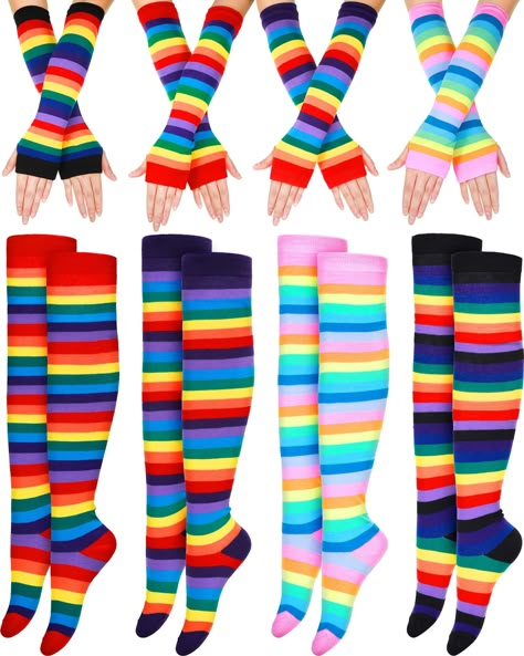 PRICES MAY VARY. Comfortable Material: the rainbow leg warmers thigh high socks set is made of quality acrylic cotton, breathable and soft, stretchy and reliable, cozy and warm, won't bring any discomfort to you, suitable for spring, autumn and winter wear Nice Elasticity: the length of our striped long socks measures approx. 64 cm/ 25.2 inches, and can be stretched over the knees; And the striped arm warmers are about 36 cm/ 14.17 inches in length, one size fits most women Wide Scope of Usages: Rainbow Thigh High Socks, Scenecore Clothes, Striped Arm Warmers, Striped Gloves, Pretty Socks, Derby Outfits, Rainbow Socks, Striped Tights, Scene Fashion