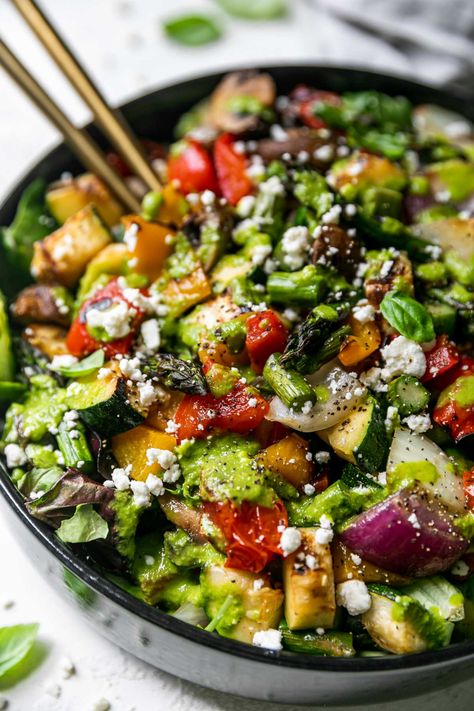 Grilled Veggie Salad, Grilled Vegetable Salad, Lemon Basil Vinaigrette, Grilled Vegetable Salads, Basil Vinaigrette, Salad With Lemon, 2024 Recipes, Wfpb Recipes, Summer Veggies