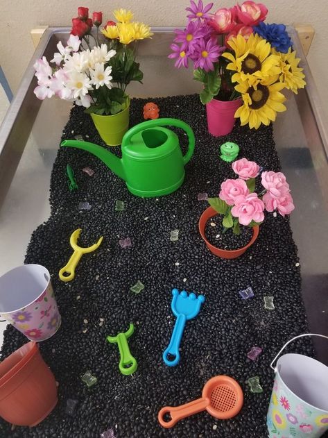 Baby Room Nursery School, Garden Sensory Bin, Garden Sensory, Pots Flowers, Toddler Sensory Bins, Sensory Bin Ideas, Sensory Ideas, Toddler Sensory, Sensory Boxes