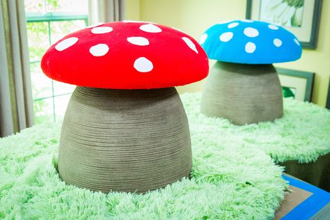 Tanya Memme and Paige Hemmis team up for a DIY. Fun Buildings, Home And Family Crafts, Stool Diy, Diy Mushroom, Mushroom Chair, Mushroom Stool, Hallmark Homes, Diy Stool, Garden Mushrooms