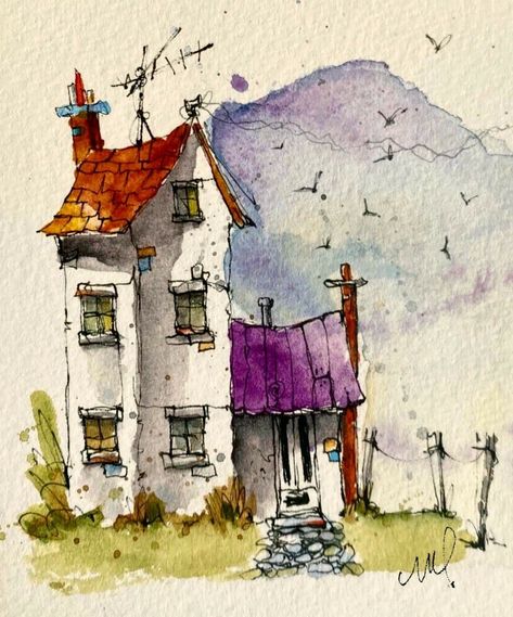 Watercolor House Painting, Whimsical Art Paintings, Watercolor Art Landscape, Watercolor Architecture, Diy Watercolor Painting, Watercolour Inspiration, Architecture Drawing Art, Abstract Watercolor Art, 수채화 그림