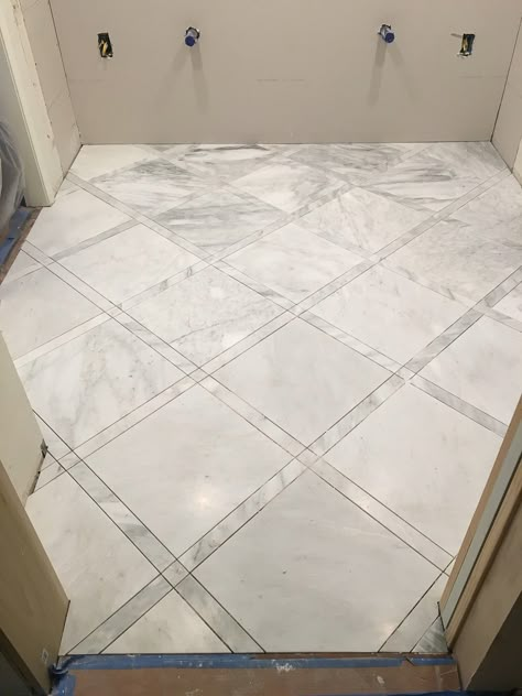 How We Got Our High-end Bathroom Floor Tile Design For (Almost) Free. Kitchen Flooring With White Cabinets, Chevron Floor Tile, Hallway Tiles, Best Bathroom Flooring, Marble Bathroom Floor, Bathroom Floor Tile, Signal Hill, Floor Pattern, Shower Floor Tile