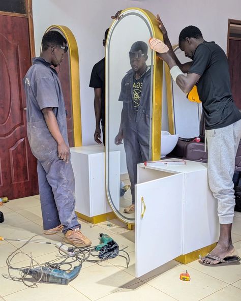 Production process, delivery process, Installation process of the elegant modern style double sided Saloon Mirror setup. @mirror_now1_ug Saloon Mirror Design, Saloon Mirror, Single Mirror, Mirror Design, Production Process, Modern Style, Double Sided, Mirror, Quick Saves