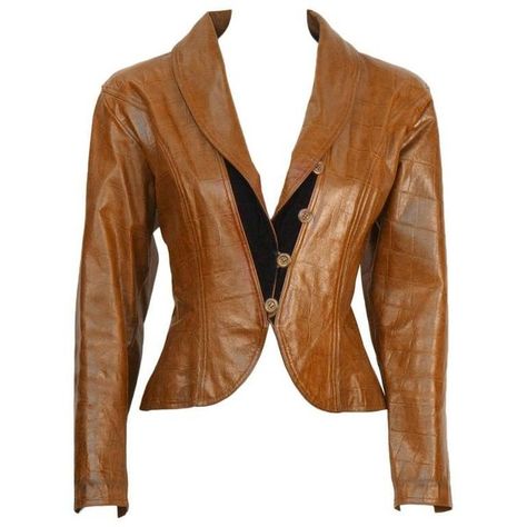 Preowned 1980's Ungaro Croc Embossed Brown Leather Jacket (€660) ❤ liked on Polyvore featuring outerwear, jackets, brown, brown jacket, crocodile leather jacket, leather jackets, fitted leather jackets and crocodile jacket Crocodile Leather Jacket, Crocodile Jacket, Red Suede Jacket, Celebrities Leather Jacket, Emanuel Ungaro, Real Leather Jacket, Biker Leather, Crocodile Leather, Brown Leather Jacket