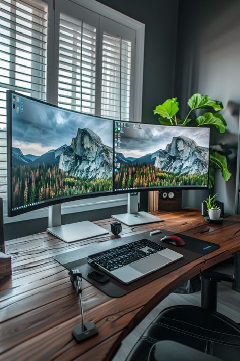 Dual Monitor Mount Ultrawide Monitor Setup Home Office, Double Curved Monitor Setup, Monitor Set Up Home Office, Multiple Monitor Desk Setup, Home Office With Large Computer Monitor, Cute Dual Monitor Setup, Multiple Monitor Setup Home Office, Wfh Desk Setup 2 Monitors, Office With Monitors