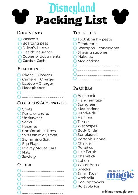 Ultimate Disneyland Packing List- What To Pack For The Park Family Disneyland Trip, Disney Trip Planning Packing Lists, Things To Pack For Disneyland, Disney Paris Packing List, Bags For Disney World, What To Pack For Amusement Park, Packing For Disneyland, Disneyland Packing List Families, Disney World Checklist Packing Lists