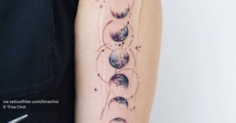 Color Moon Tattoo, Watercolor Moon Tattoo, Moon Phase Tattoo, Scientific Tattoo, Moon Cycle Tattoo, Moon Tattoo Design, Underarm Tattoo, Moon Phases Tattoo, Knuckle Tattoos