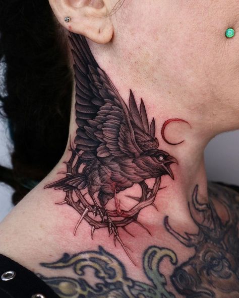 Swan on Instagram: “Done at @exp.haus” Raven Neck Tattoo, Dragon Tattoo Neck, Raven Tattoo Meaning, Wings Tattoo Meaning, Roots Tattoo, Monkey Tattoos, Omerta Tattoo, Witch Tattoo, Raven Tattoo