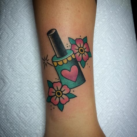 15 Impossibly Cool Beauty-Inspired Tattoos #refinery29 http://www.refinery29.com/beauty-inspired-tattoos#slide-13 Is this not the cutest little nail polish bottle ever?... Nail Polish Tattoo, Hairstylist Tattoos, Tech Tattoo, Tattoos Beautiful, Lipstick Tattoos, Bottle Tattoo, Nail Polish Bottles, Makeup Tattoos, Nail Tattoo