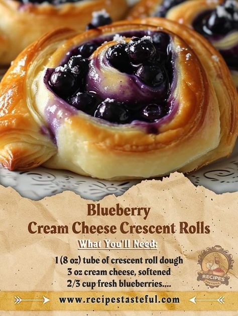 ￼   "Blueberry Cream Cheese Crescent Rolls Recipe  Ingredients: 3 oz cream cheese, softened 1/2 teaspoon vanilla extract 2 1/2 tablespoons powdered sugar 1 (8 oz) tube of crescent roll dough 2/3 cup fresh blueberries  Directions Preheat your oven to 375°F and prepare a baking sheet with parchment paper. In a mixing bowl, blend the softened cream cheese, vanilla extract, and powdered sugar until smooth and creamy. Unroll the crescent dough and separate it into individual triangles. Evenly spread the cream cheese mixture on each triangle, making sure to cover the entire surface. Sprinkle fresh blueberries over the cream cheese mixture on each triangle. Starting from the wider end of each triangle, carefully roll up the dough, encasing the cream cheese and blueberries inside. Place each rolle Spinach Crescent Roll Recipes, Blueberry Cream Cheese Pastry, Danish Recipe Crescent Rolls, Blueberry Cream Cheese Crescent Rolls, Cresent Rolls Desserts, Cheese Danish With Crescent Rolls, Breakfast Crescent Roll Recipes, Blueberry Cream Cheese Crescent, Cream Cheese Croissant