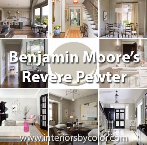 One of the most popular gray paint colors world wide; Benjamin Moore Revere Pewter is described by Benjamin Moore's website as "A light gray with warm undertones, this classic shade creates a unifying look that calms and restores. A great transitional color, it's perfect for an open floor plan." What is so great about Benjamin Moore… Revere Pewter Living Room, Revere Pewter Bedroom, Revere Pewter Paint, Popular Grey Paint Colors, Benjamin Moore Revere Pewter, Big Houses Interior, Pewter Paint, Revere Pewter Benjamin Moore, Best Neutral Paint Colors