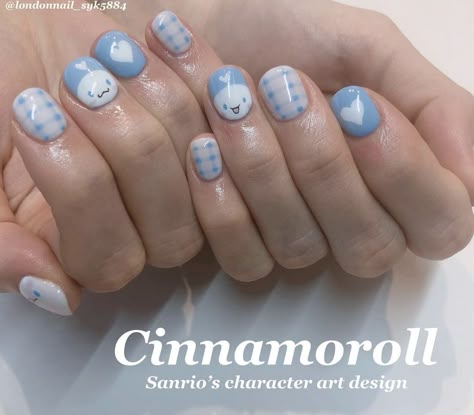 Cinnamoroll Nail Design, Sanrio Nail Art Short, Cute Sanrio Nails Short, Sanrio Nail Art Simple, Cinnamonroll Sanrio Nails Short, Hello Kitty Nails Art Short, Kawaii Gel Nails Short, Cute Cinnamoroll Nails, Cinnamoroll Nails Simple