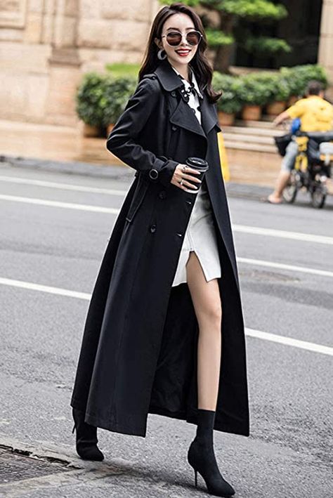 Elegant and chic long trench, suit for casual and formal occasions Fur Trench Coat, Trench Coats Women Long, Long Black Coat, Long Overcoat, Trench Coat Style, Wool Trench Coat, Long Trench, Long Trench Coat, Trench Coat Black