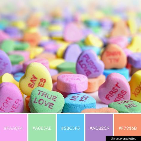 Conversation Hearts | Rainbow | Pastels |Color Palette Inspiration. | Digital Art Palette And Brand Color Palette. Day Color Palette, February Colors, Valentines Day Presents, Valentine Coloring, Pastel Colour Palette, Brand Color Palette, Color Inspo, Colour Schemes, Color Pallets