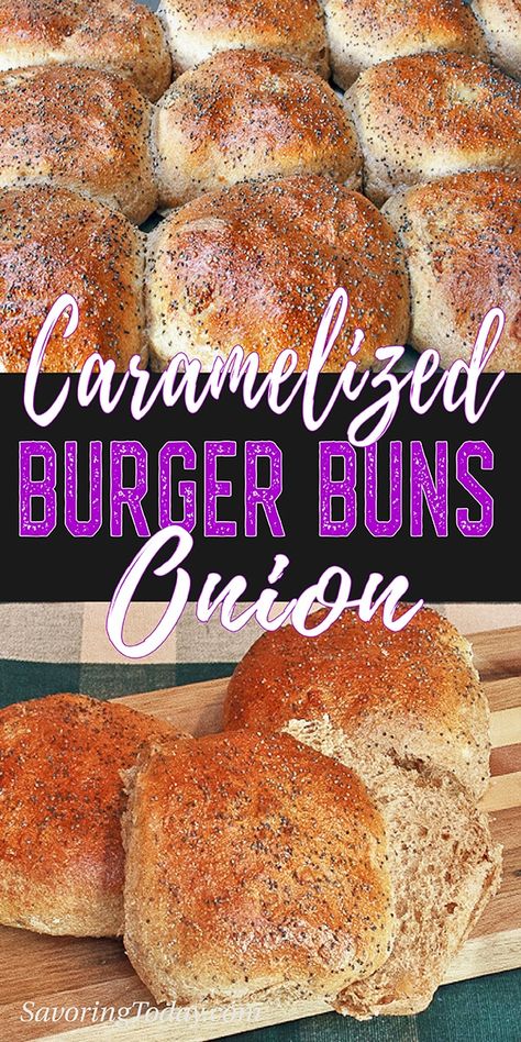 These buns boast the sweet-savory flavor of caramelized onions in every bite. Caramelized Onion Sprouted Wheat Buns are so soft and delicious it will become your go-to sandwich bun recipe! #sproutedwheat #bakingbread Onion Buns Recipe, Onion Hamburger Buns, Sandwich Bun Recipe, Sandwich Buns Recipe, Onion Buns, Bun Recipes, Today Recipes, Sprouted Wheat, Burger Buns Recipe