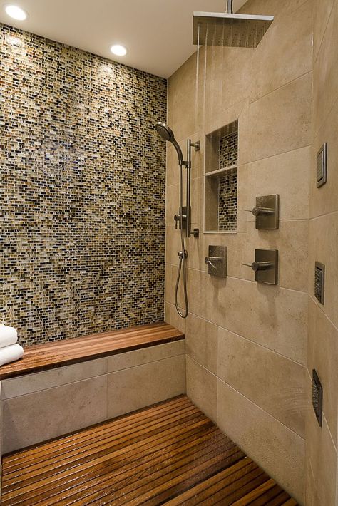 Designed by Gayle Safford at Geneva Cabinet Gallery Wheelchair Accessible Shower, Teak Shower Floor, Teak Shower Mat, Teak Shower Bench, Teak Bathroom, Master Shower, Shower Seat, Shower Seats, Shower Bench