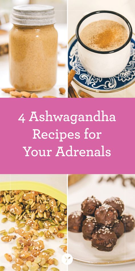 When it comes to the adrenal glands, which are responsible for many functions, including the production of key stress hormones like cortisol, aldosterone, and adrenaline, adaptogens can be especially beneficial. These 4 delicious recipes with ashwagandha, an adaptogenic herb, are delicious and supportive for your adrenals at the same time! Ashwagandha Root Powder Recipes, Ashwagandha Drink Recipes, Misty Mountain Health Retreat Recipes, Ashwagandha Powder Recipes, Adaptogenic Recipes, Adaptogen Recipes, Herbal Eats, Aryuvedic Recipes, Ashwagandha Recipes