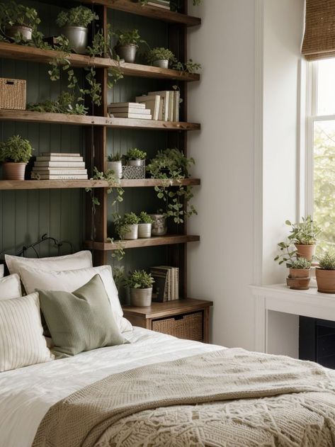 Hanging Shelves Over Bed, Floating Shelves Green Wall, Bookcase Floating Shelves, Green Wood Bedroom Aesthetic, Naturalistic Bedroom Ideas, Plants Interior Decor, Cozy Book Aesthetic Bedroom, Botanical House Decor, Tall Bookshelves In Bedroom