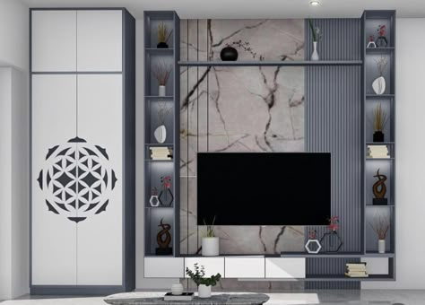 Tv Unit For Small Living Room, Tv Cabinet With Pooja Unit, Tv Unit With Puja Unit, Tv Unit With Pooja Unit, Pooja Units, Mandir Door, Puja Unit, Lcd Wall Design, Tv Cabinet Design Modern