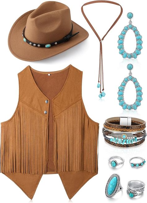 Amazon.com: Suhine 9 Pack Western Outfits for Women Cowgirl Vest Boho Cowboy Hat Jewelry Kit for Halloween Cosplay(Khaki,X-Large) : Clothing, Shoes & Jewelry Plus Size Womens Western Wear, Womens Western Costume, Plus Size Western Wear Rodeo, Pkus Size Western, Pluz Size Western, What To Wear To A Country Concert Fall Plus Size, Western Style Womens Clothing, Glamorous Cowgirl Outfits, Cowgirl Country Outfits